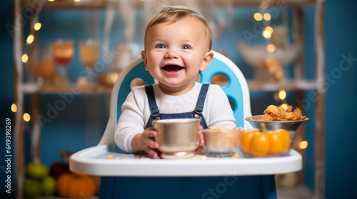 Small happy Boy smile. Child is sitting in party room, having meal. Celebrate birthday. Concept of healthy kids food. Ai generative illustration