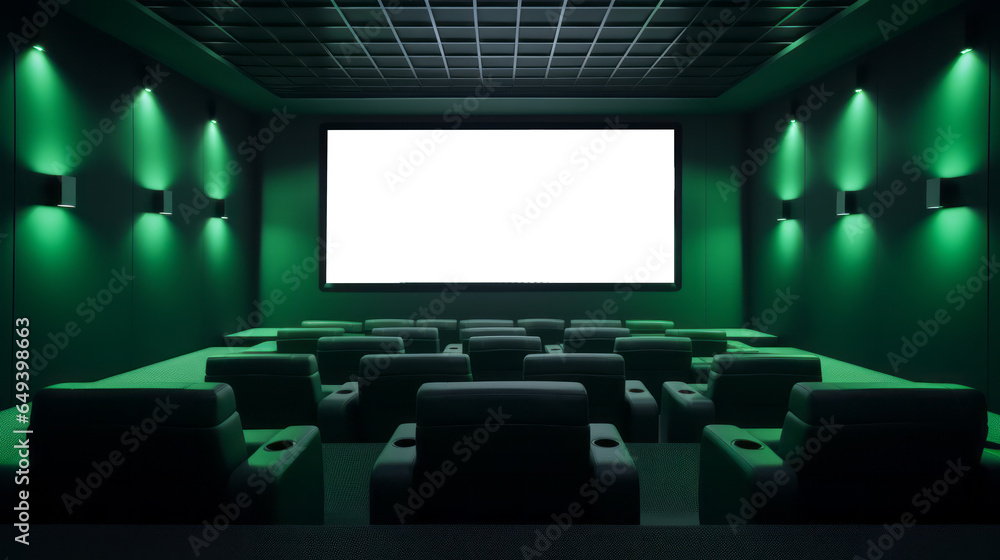 Movie cinema hall interior with rows of green seats and white blank mockup screen. Ai generative illustration