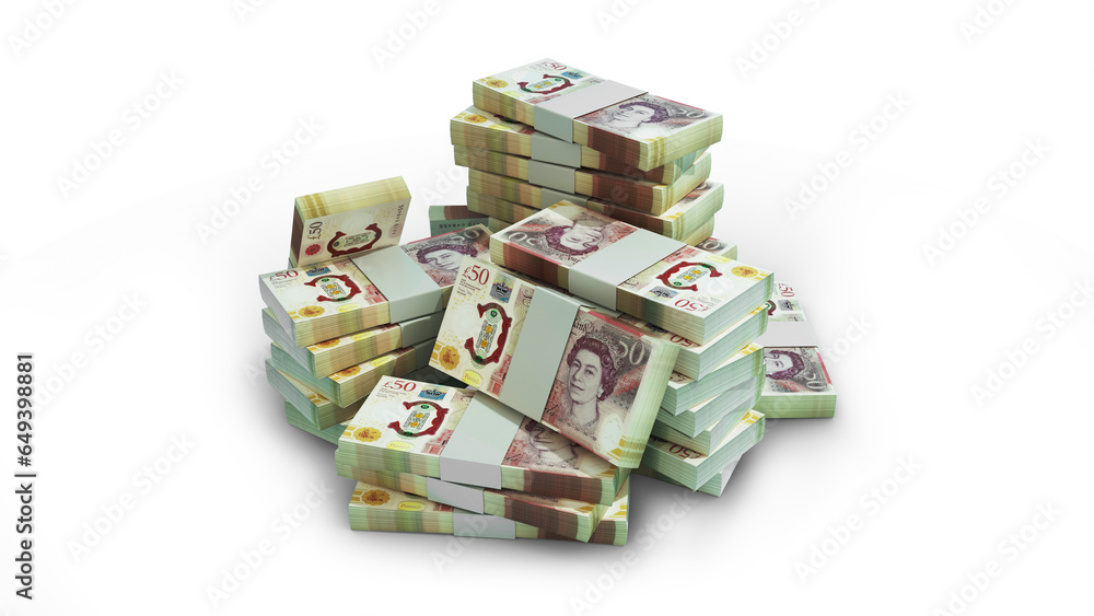 Stacks of 50 British pound notes. money on transparent background. 3d rendering of bundles of cash Stacks of 50 British pound notes. money on transparent background. 3d rendering of bundles of cash