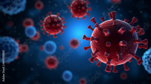 Close up macro details of red blue microbes molecules virus bacteria. Coronavirus outbreak COVID-19. Medicine concept. Ai generative illustration