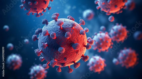 Close up macro details of red blue microbes molecules virus bacteria. Coronavirus outbreak COVID-19. Medicine concept. Ai generative illustration photo