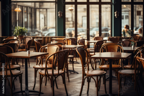 An empty cafe with chairs stacked up, showing the economic impact of reduced social interactions. Generative Ai. © Sebastian