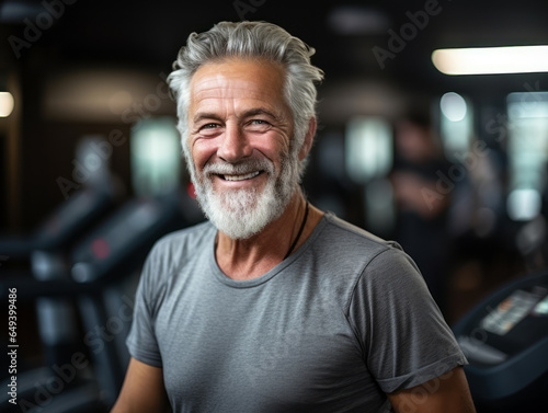 Old man training in gym. Healthy lifestyle for elder people with sport and fitness concept. Ai generative illustration