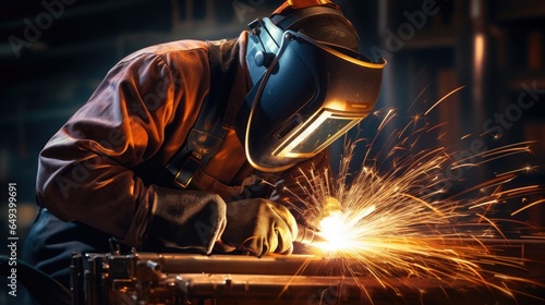 A masked welder welds parts