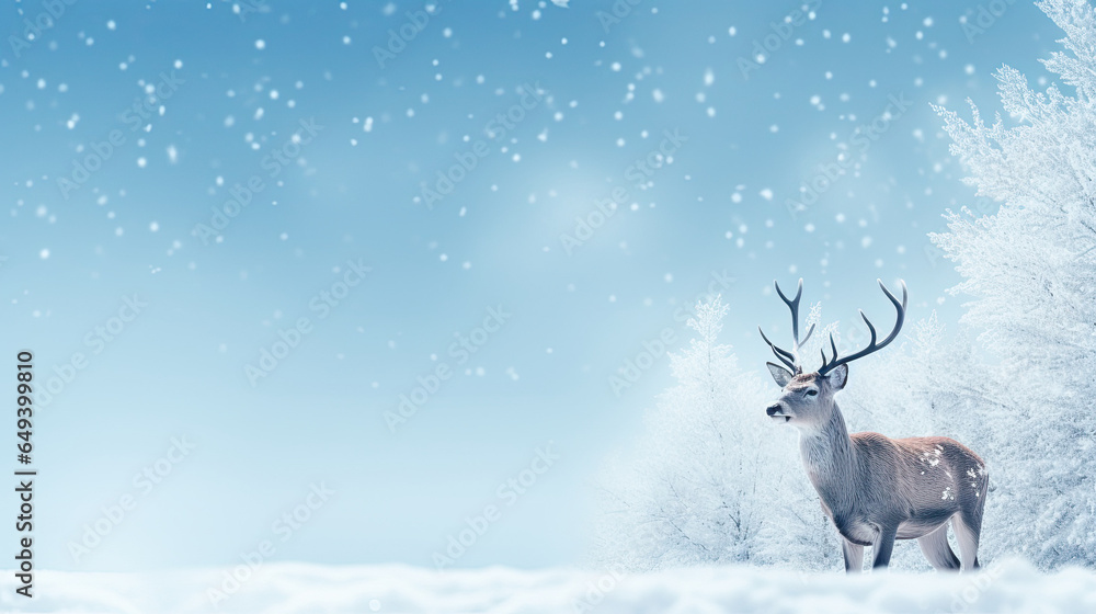 Winter fantastic postcard. Red deer in a fairy-tale snowy forest. Christmas image. Winter wonderland. Blue christmas greeting card with copy space. Winter fantastic postcard. Red deer in a fairy-tale snowy forest. Christmas image. Winter wonderland. Blue christmas greeting card with copy space.