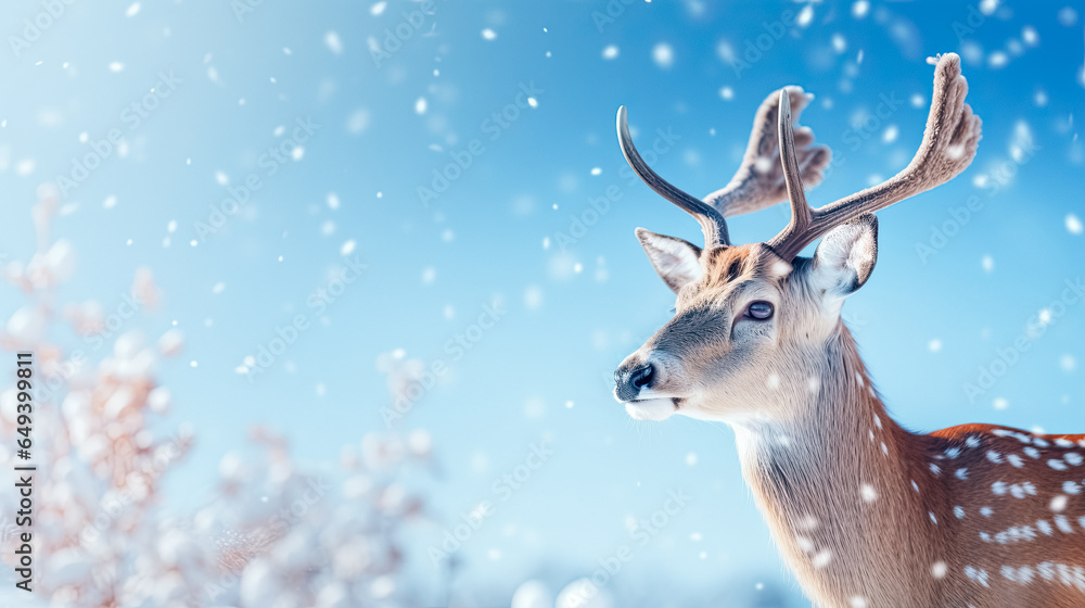 Winter fantastic postcard. Red deer in a fairy-tale snowy forest. Christmas image. Winter wonderland. Blue christmas greeting card with copy space. Winter fantastic postcard. Red deer in a fairy-tale snowy forest. Christmas image. Winter wonderland. Blue christmas greeting card with copy space.