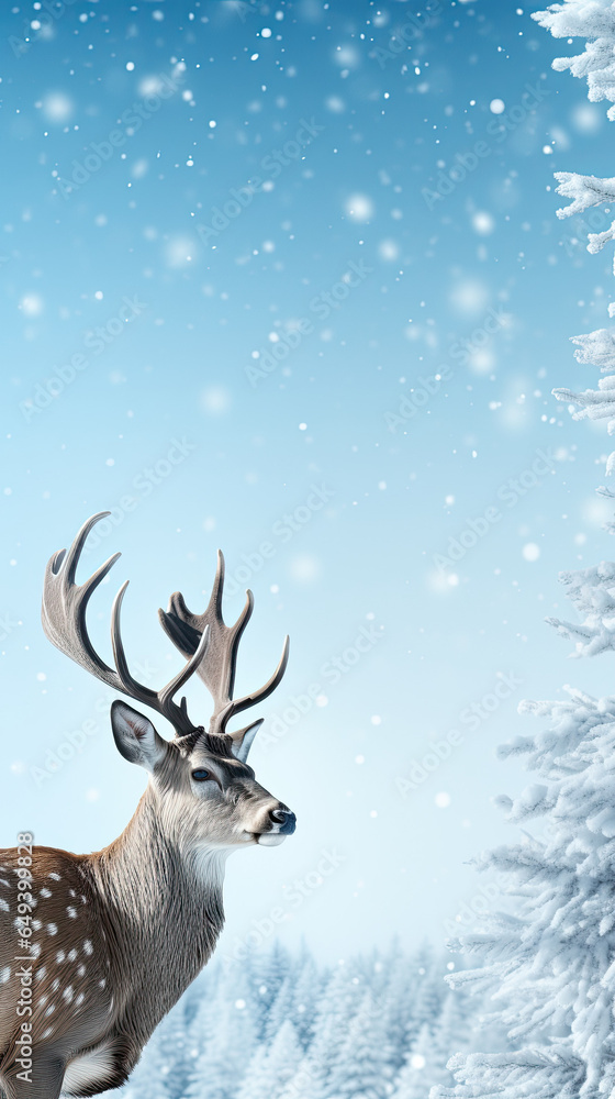 Winter fantastic postcard. Red deer in a fairy-tale snowy forest. Christmas image. Winter wonderland. Blue christmas greeting card with copy space. Vertical shot. Winter fantastic postcard. Red deer in a fairy-tale snowy forest. Christmas image. Winter wonderland. Blue christmas greeting card with copy space. Vertical shot.