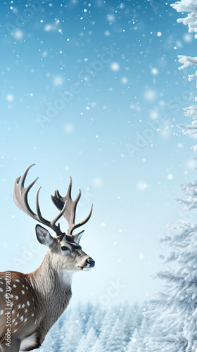 Winter fantastic postcard. Red deer in a fairy-tale snowy forest. Christmas image. Winter wonderland. Blue christmas greeting card with copy space. Vertical shot.