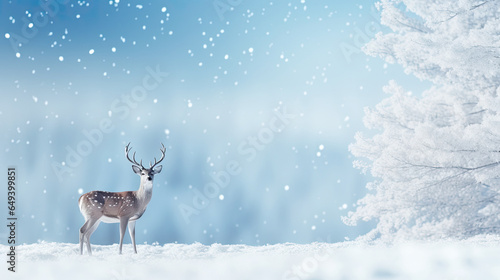Winter fantastic postcard. Red deer in a fairy-tale snowy forest. Christmas image. Winter wonderland. Blue christmas greeting card with copy space. © Tamara