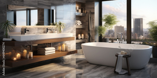 Modern luxury bathroom design. Panoramic windows white bathtub  mirrors  towels  wooden furniture. You can see a beautiful view of skyscrapers from the window