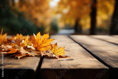 Autumn background  close up of old empty wooden table over the lake with copy space