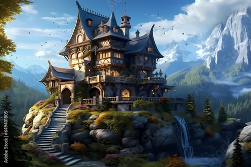 picturesque fantasy house in the mountains