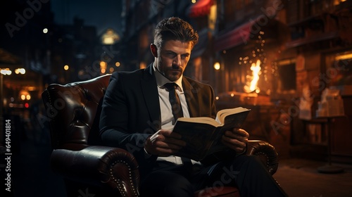 Handsome man sitting in suit reading a book with background of dark mystical street. Made with Generative AI. photo