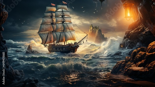 Illustration of old sailing ship on the ocean and coastal cliffs. Made with Generative AI.