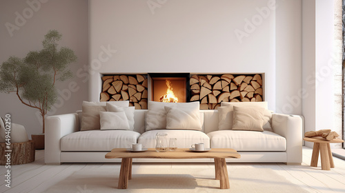 White sofa with blanket and wooden coffee table against fireplace with firewood stack. Minimalist scandinavian home interior design of modern living room.