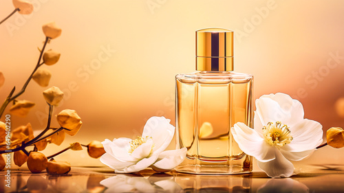 Flacon de parfum avec fleurs blanches