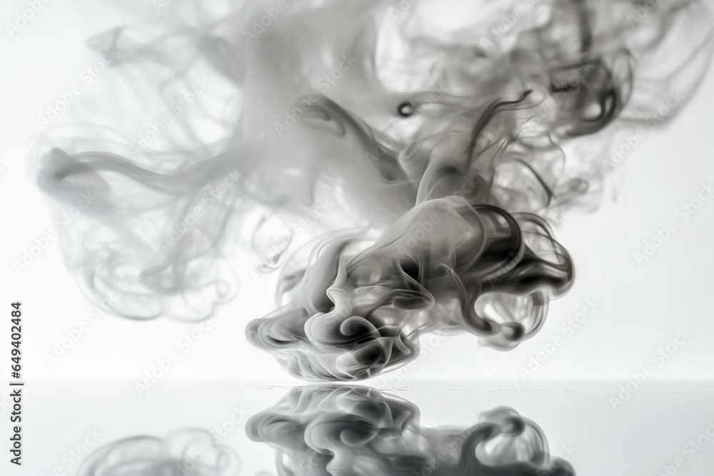Smoke cloud on white surface with gray background and light reflection. White wall in bottom. Generative AI