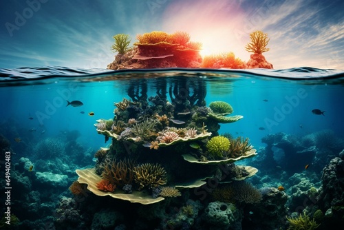 A scenic view of coral reef and an island  with half of it submerged underwater. Generative AI