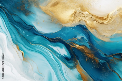 Stunning teal and blue liquid swirls with gold powder in a modern design banner. Generative AI