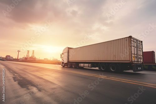 Container cargo truck for business logistics, lori cargo trucking, maritime shipping, online goods orders worldwide. Generative AI