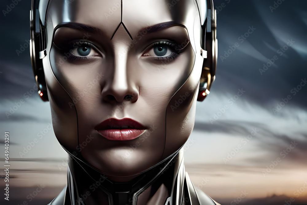 A woman with a robot face and a face painted in silver A woman with a robot face and a face painted in silver