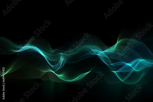 Abstract light lines wavy flowing dynamic in blue green colors isolated on black background for concept of technology, digital, communication, science, music. Generative AI