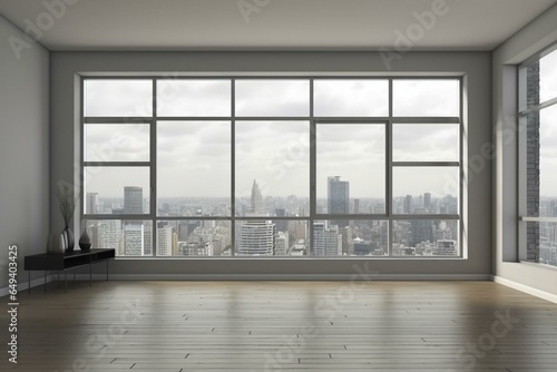 Modern interior with empty frame, furniture, window, and city view. Rendered. Generative AI