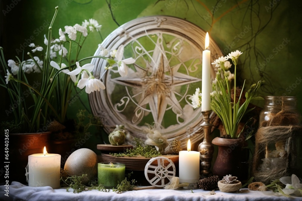 Altar with Brigid's cross, candle, wheel of the year, snowdrops, sun and moon symbols - all for spring pagan ritual. Generative AI