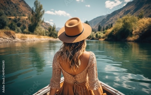 Back view of the young woman in straw hat relaxing on the boat and looking forward. Generative AI © piai