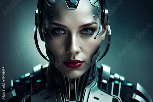 A woman with a robot face and a face painted in silver photo