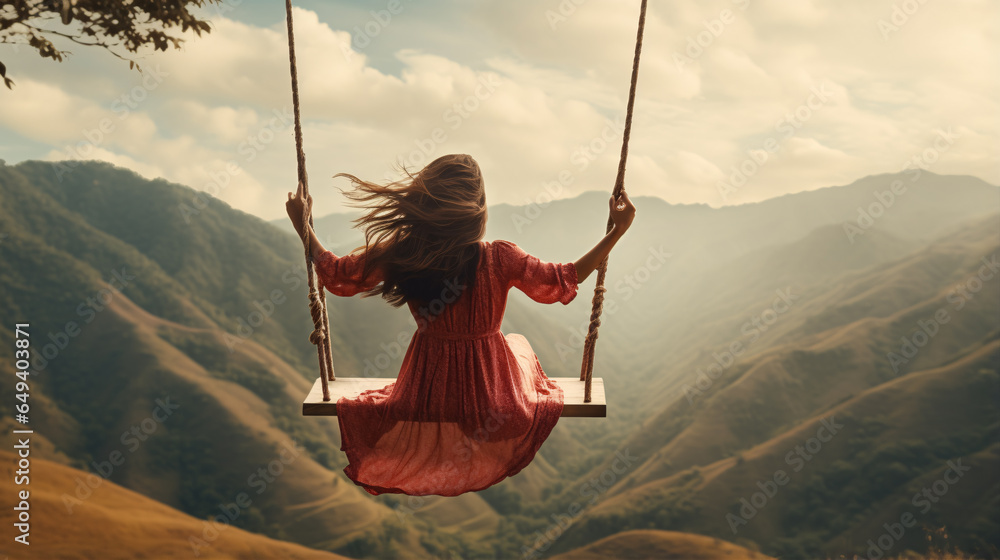 midst the backdrop of magnificent scenery, a carefree woman explorer swings with outstretched arms, reveling in the liberating and euphoric moments of life.