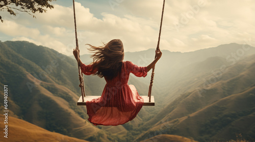 midst the backdrop of magnificent scenery, a carefree woman explorer swings with outstretched arms, reveling in the liberating and euphoric moments of life.
