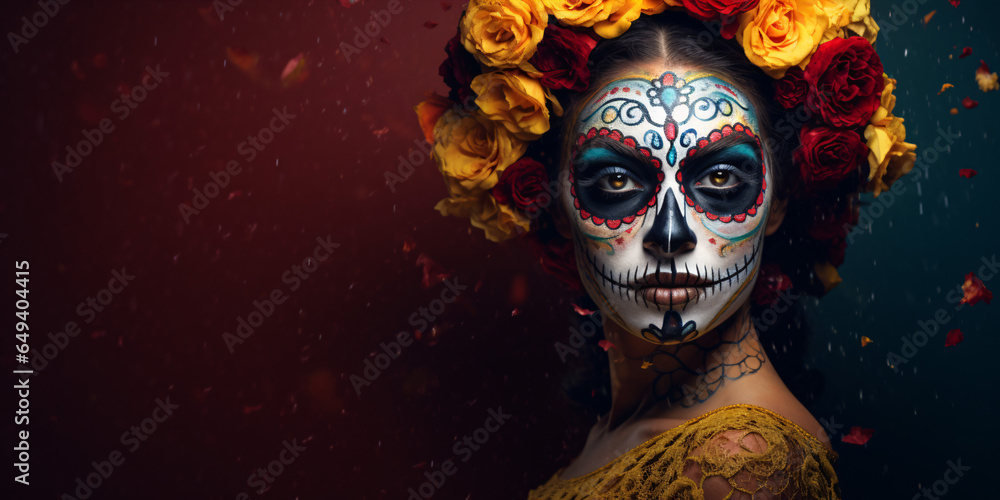A Day of the Dead portrait in Mexico, featuring a woman adorned with sugar skull makeup, set against an empty background. A Day of the Dead portrait in Mexico, featuring a woman adorned with sugar skull makeup, set against an empty background.