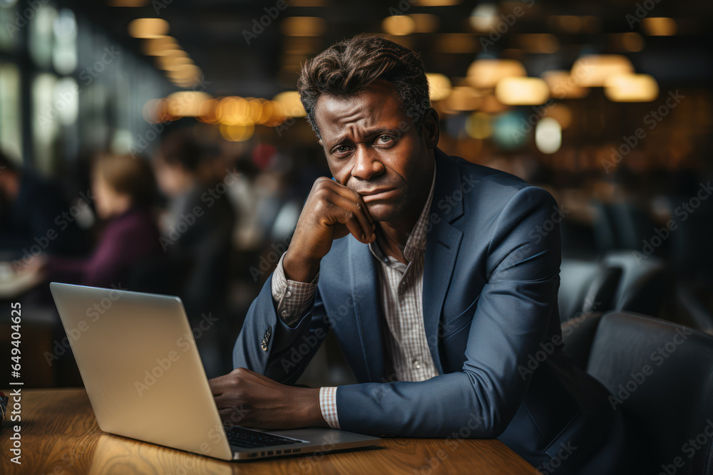 A portrait of a frustrated and stressed business man working in a corporate office. Generative AI. A portrait of a frustrated and stressed business man working in a corporate office. Generative AI.
