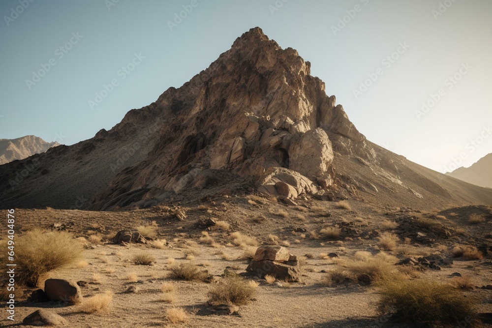 A rocky peak in a desert valley. Generative AI