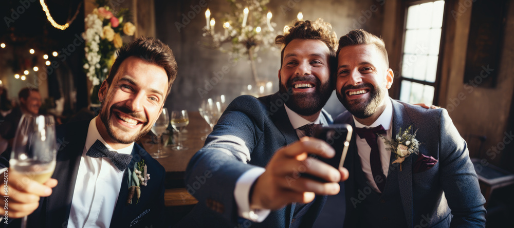 Homosexual couple celebrating their own wedding - LBGT couple at wedding ceremony, concepts about inclusiveness and social equity - obrazy, fototapety, plakaty 