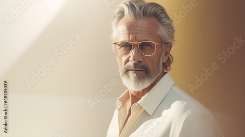 Timeless Elegance: A mature man with distinguished gray hair and glasses, framed against a neutral beige background, embodies enduring style and sophistication.
