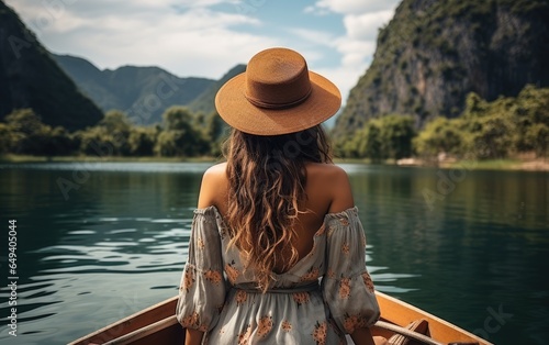 Back view of the young woman in straw hat relaxing on the boat and looking forward. Generative AI © piai