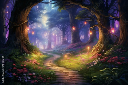 A sparkling path winds through a magical woodland in a made-up setting. Generative AI