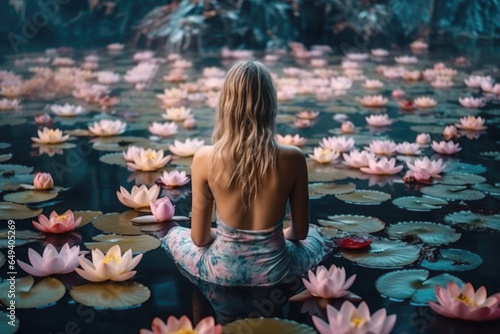 Young woman sitting on the water surrounded by blooming lotus flowers and connecting with the energy of nature photo