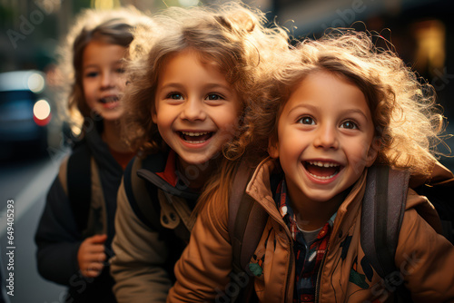 A group of excited children waiting at a bus stop with backpacks on the first day of school. Generative AI.