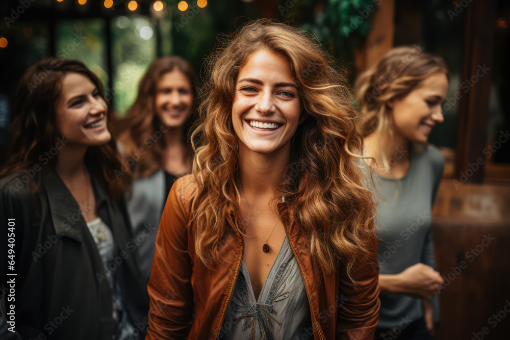 A group of friends reuniting after summer break with hugs and smiles. Generative AI. A group of friends reuniting after summer break with hugs and smiles. Generative AI.