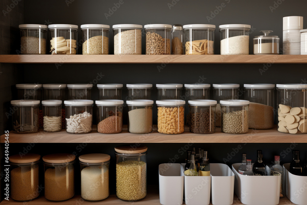 An organized, wellstocked home pantry, with various food items sorted