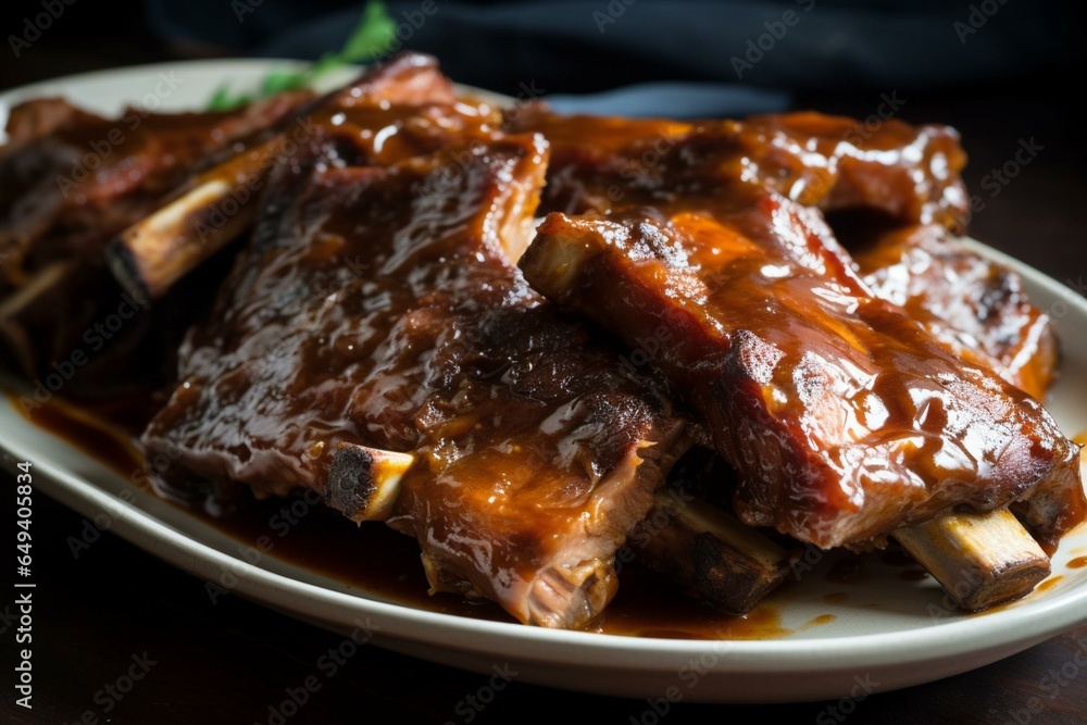 Tender ribs covered in tangy sauce. Generative AI