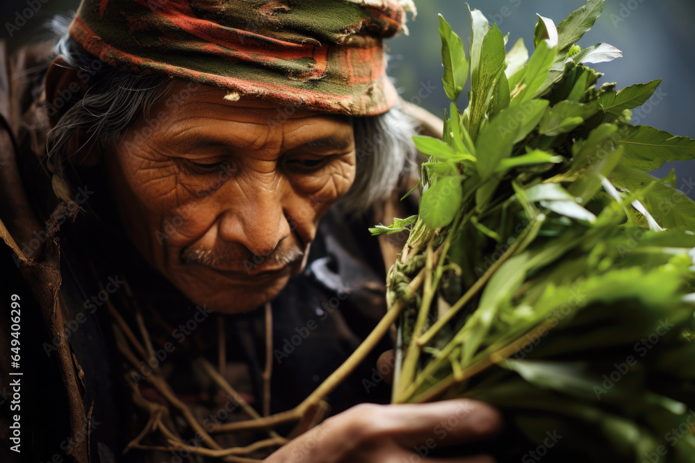 Shaman in Peru picking up Ayahuasca plants. Traditional plant medicine used in religious and