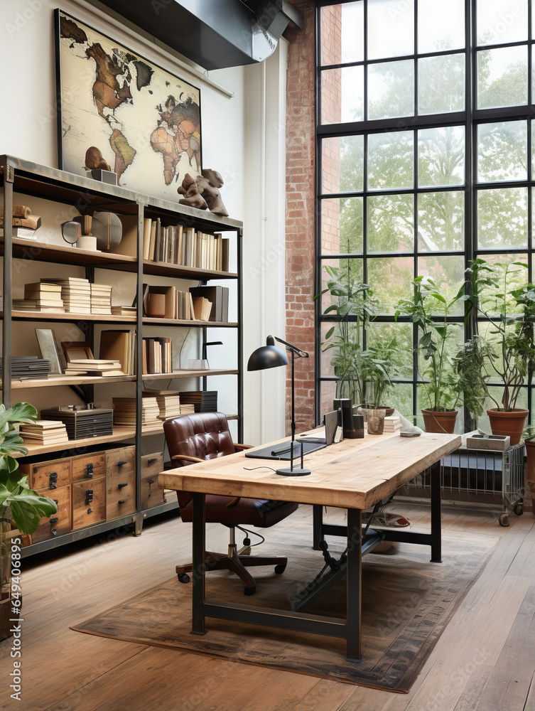 Industrial design home office with a reclaimed wood desk, metal ...
