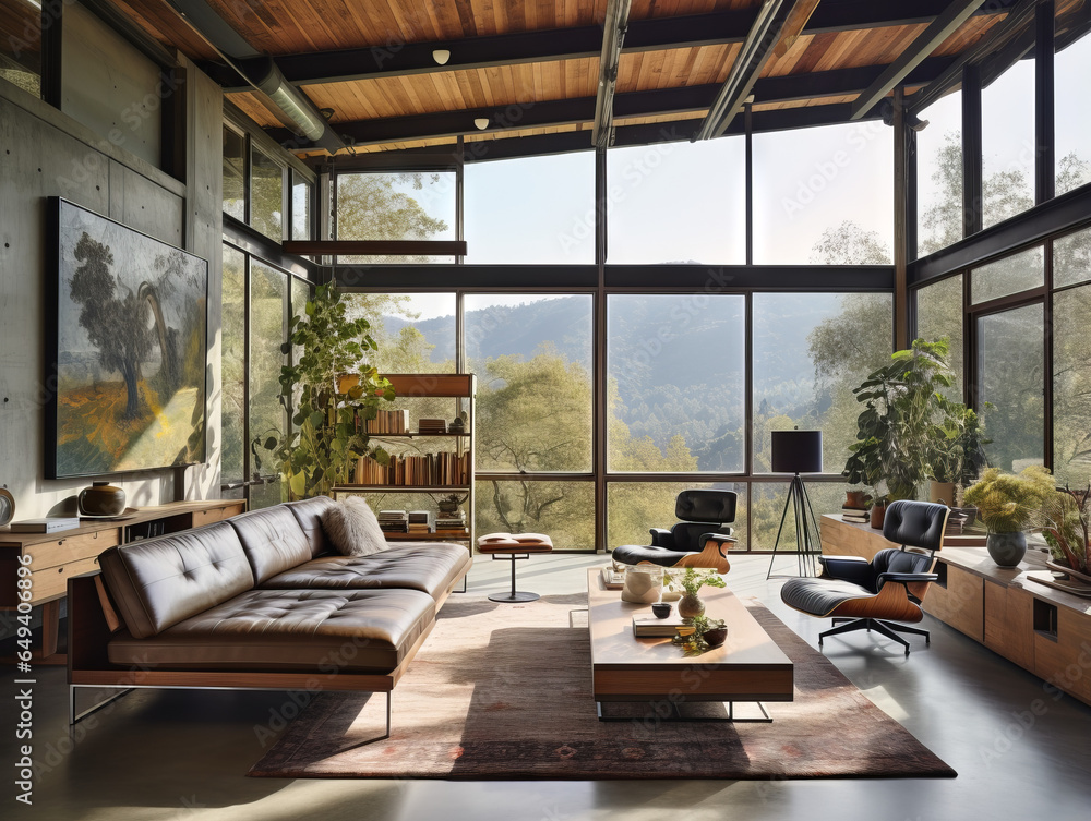 Industrial design living room with large, factory-style windows ...