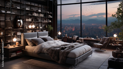 A modern industrial bedroom with a metal bed frame, exposed brick walls, hanging Edison bulbs, and large windows with a view of the city