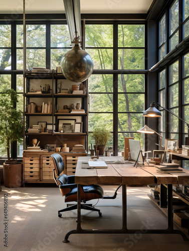 Industrial design home office with a reclaimed wood desk, metal shelving, and a leather chair, with large windows letting in natural light, and walls decorated with vintage maps and industrial patent 