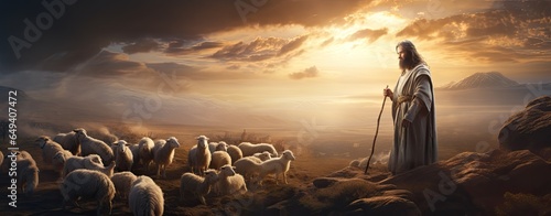 Jesus shepherd with flock photo